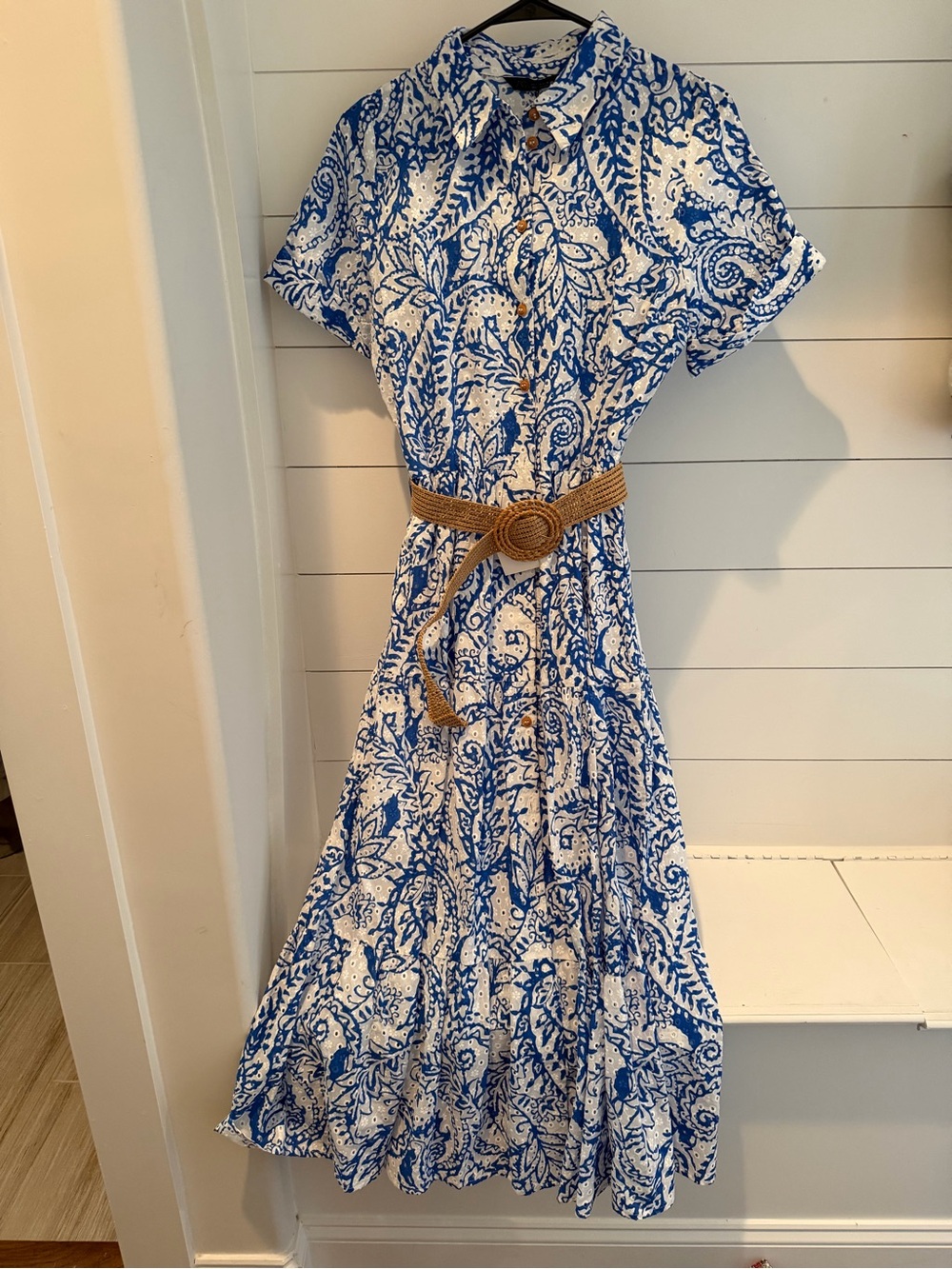 Zara Blue & White Paisley Shirt Dress with Tan Belt